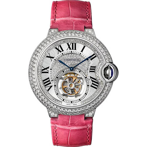 Cartier Feminine  Watch - 39 mm White Gold Diamond Case - Diamond Bezel - Diamond Dial - Fuchsia Alligator Strap - HPI00716
