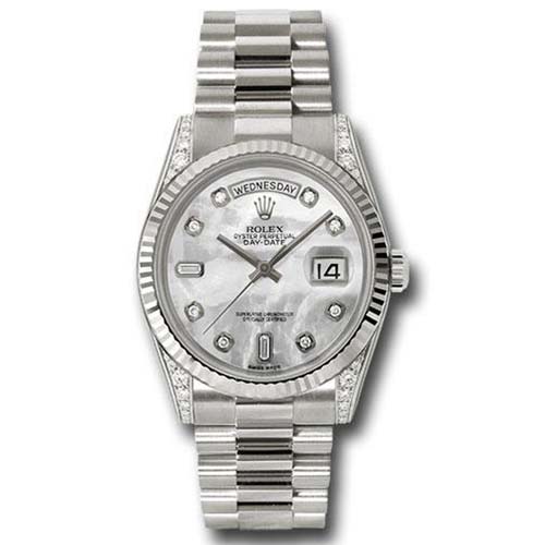 Rolex White Gold Day-Date 36 Watch - Fluted Bezel - Mother-Of-Pearl Diamond Dial - President Bracelet-118339
