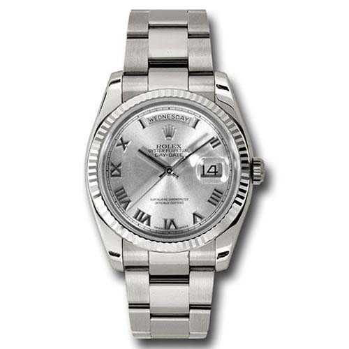 Rolex White Gold Day-Date 36 Watch - Fluted Bezel - Rhodium Roman Dial - Oyster Bracelet-118239