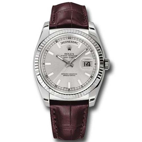 Rolex White Gold Day-Date 36 Watch - Fluted Bezel - Silver Index Dial - Brown Leather-118139