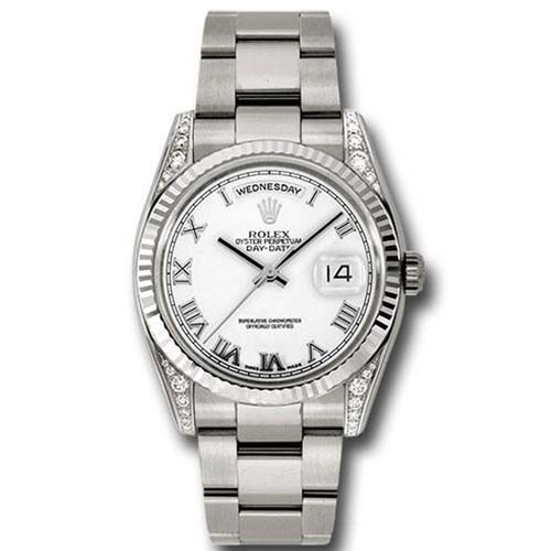 Rolex White Gold Day-Date 36 Watch - Fluted Bezel - White Roman Dial - Oyster Bracelet-118339
