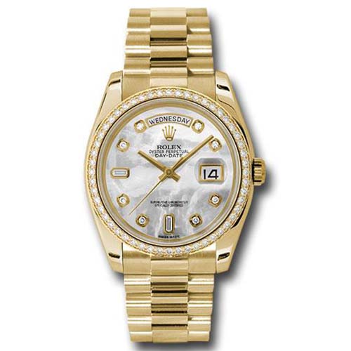Rolex Yellow Gold Day-Date 36 Watch - Bezel - Mother-Of-Pearl Diamond Dial - President Bracelet-118348