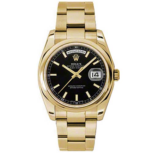 Rolex Yellow Gold Day-Date 36 Watch - Domed Bezel - Black Index Dial - Oyster Bracelet-118208