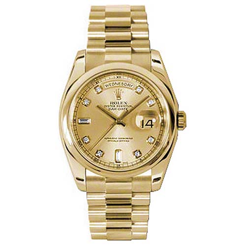 Rolex Yellow Gold Day-Date 36 Watch - Domed Bezel - Champagne Diamond Dial - Oyster Bracelet-118208