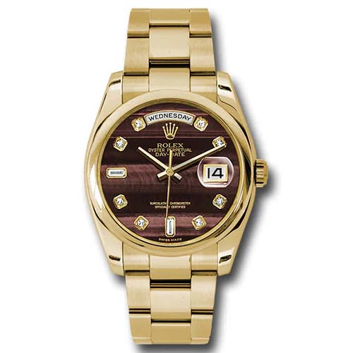 Rolex Yellow Gold Day-Date 36 Watch - Domed Bezel - Bulls Eye Diamond Dial - Oyster Bracelet-118208