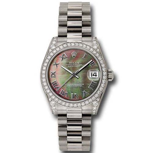 Rolex White Gold Datejust 31 Watch - 48 Diamond Bezel - Dark Mother-Of-Pearl Roman Dial - President Bracelet-178159
