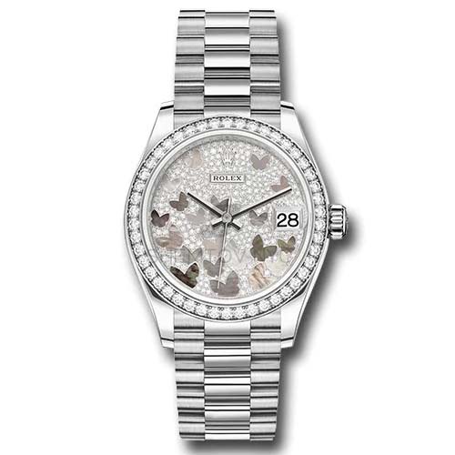 Rolex White Gold Datejust 31 Watch - Diamond Bezel - Diamond Paved Butterfly Dial - President Bracelet-278289RBR