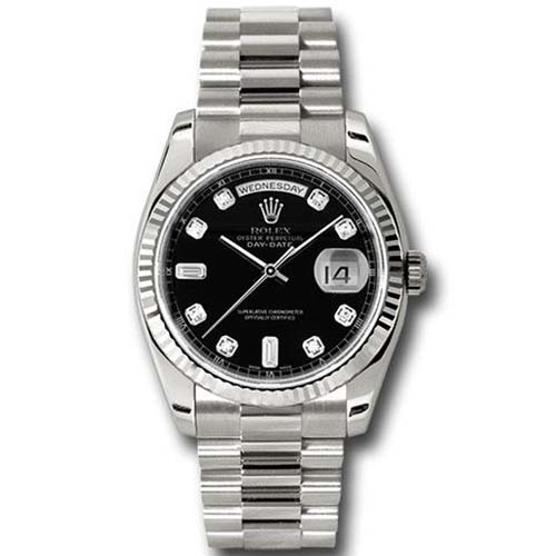 Rolex White Gold Day-Date 36 Watch - Fluted Bezel - Black Diamond Dial - Oyster Bracelet-118239