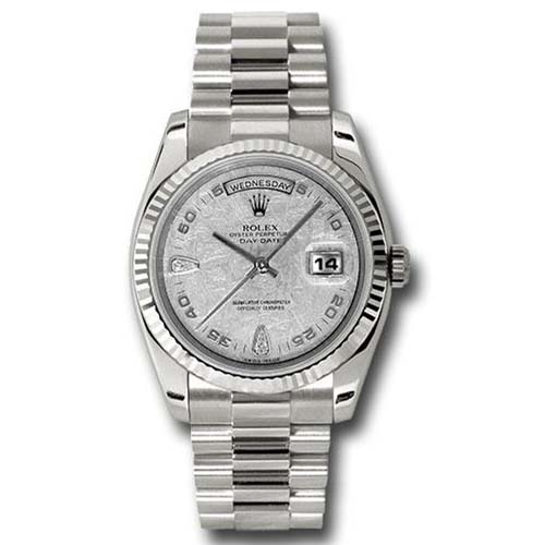 Rolex White Gold Day-Date 36 Watch - Fluted Bezel - Meteorite Diamond Dial - Oyster Bracelet-118239
