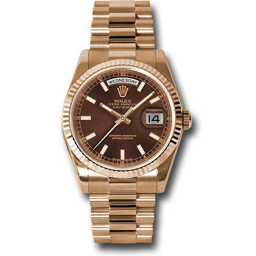 Rolex Everose Gold Day-Date 36 Watch - Fluted Bezel - Chocolate Index Dial - President Bracelet-118235
