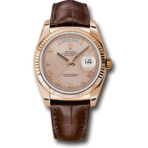 Rolex Everose Gold Day-Date 36 Watch - Fluted Bezel - Pink Roman Dial - Brown Leather-118135