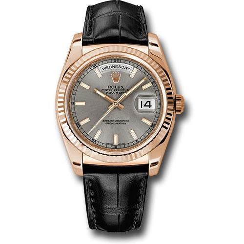Rolex Everose Gold Day-Date 36 Watch - Fluted Bezel - Rhodium Index Dial - Black Leather-118135