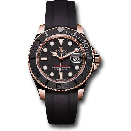 Rolex Everose Gold Yacht-Master 37 Watch - Matt Black Dial - Oysterflex Strap