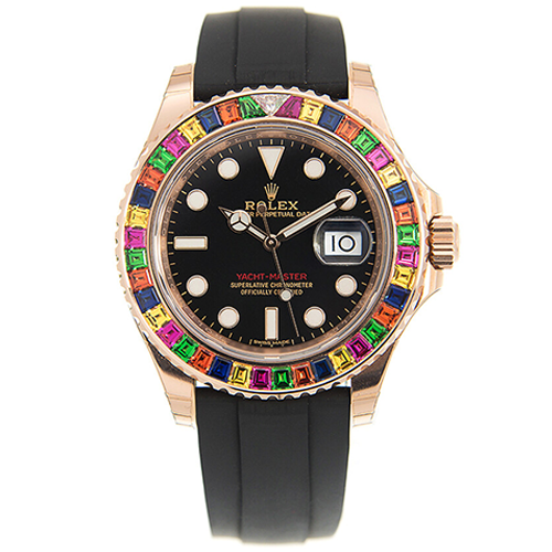 Rolex Everose Gold Yacht-Master 40 Watch - Rainbow Sapphire Bezel - Glossy Black Dial - Oysterflex Strap