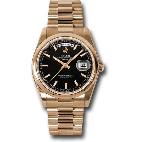 Rolex Pink Gold Day-Date 36 Watch - Domed Bezel - Black Index Dial - President Bracelet-118205