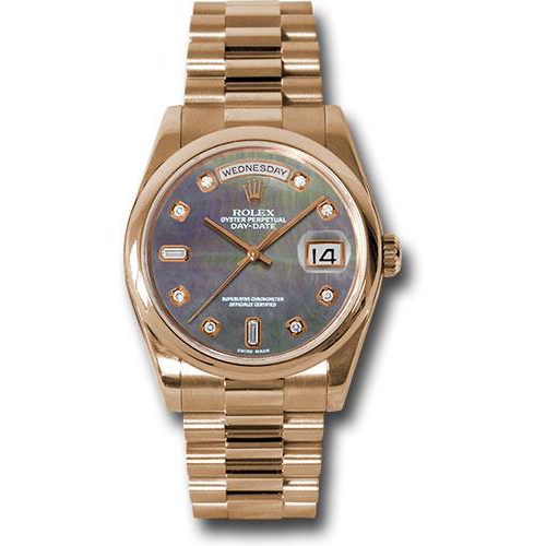 Rolex Pink Gold Day-Date 36 Watch - Domed Bezel - Dark Mother-Of-Pearl Diamond Dial - President Bracelet-118205