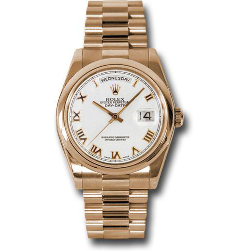 Rolex Pink Gold Day-Date 36 Watch - Domed Bezel - White Roman Dial - President Bracelet-118205 wrp