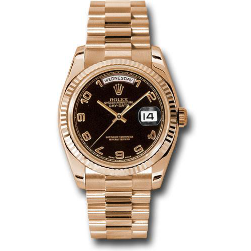 Rolex Pink Gold Day-Date 36 Watch - Fluted Bezel - Black Arabic Dial - President Bracelet-118235