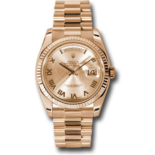 Rolex Pink Gold Day-Date 36 Watch - Fluted Bezel - Pink Champagne Diamond Dial - President Bracelet-118235