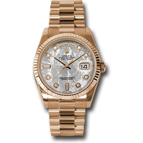 Rolex Pink Gold Day-Date 36 Watch - Fluted Bezel - Meteorite Diamond Dial - President Bracelet-118235