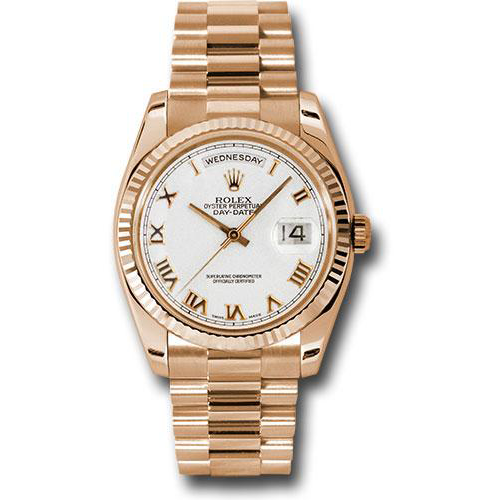 Rolex Pink Gold Day-Date 36 Watch - Fluted Bezel - White Roman Dial - President Bracelet-118235