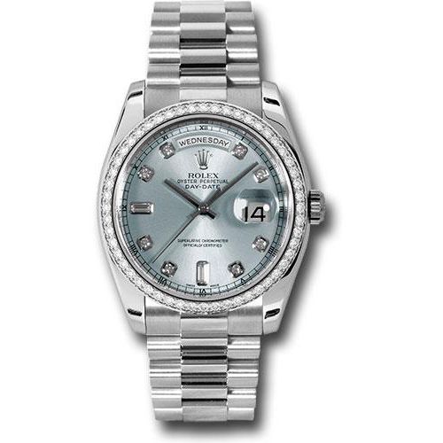 Rolex Platinum Day-Date 36 Watch - Bezel - Glacier Blue Diamond Dial - President Bracelet-118346