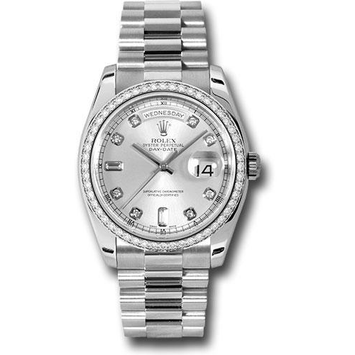 Rolex Platinum Day-Date 36 Watch - Bezel - Silver Diamond Dial - President Bracelet-118346