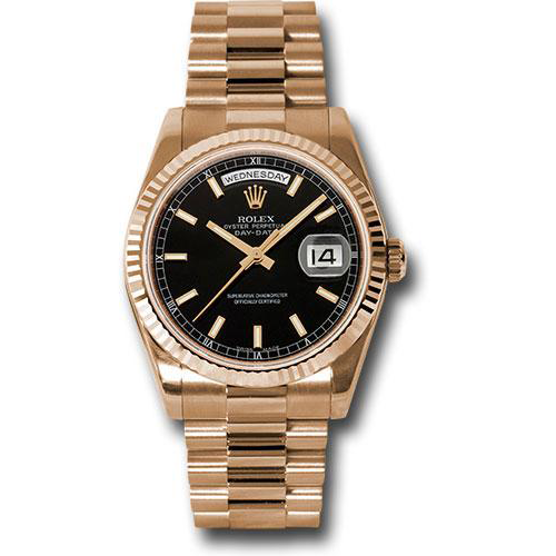 Rolex Pink Gold Day-Date 36 Watch - Fluted Bezel - Black Index Dial - President Bracelet-118235