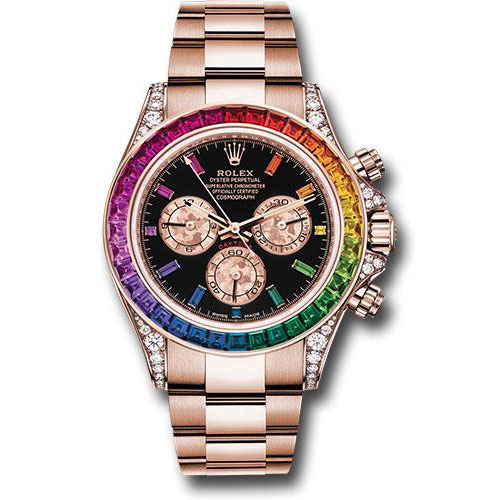 Rolex Everose Cosmograph Daytona 40 Watch - 36 Baguette-Cut Sapphires In Rainbow Graduation Bezel - Black Rainbow Sapphire Dial-116595RBOW