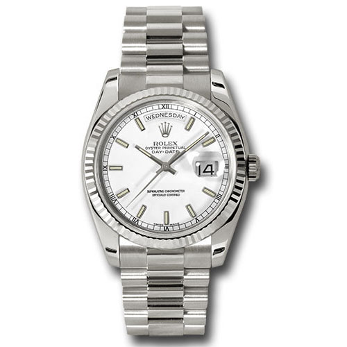Rolex White Gold Day-Date 36 Watch - Fluted Bezel - White Index Dial - President Bracelet-118239