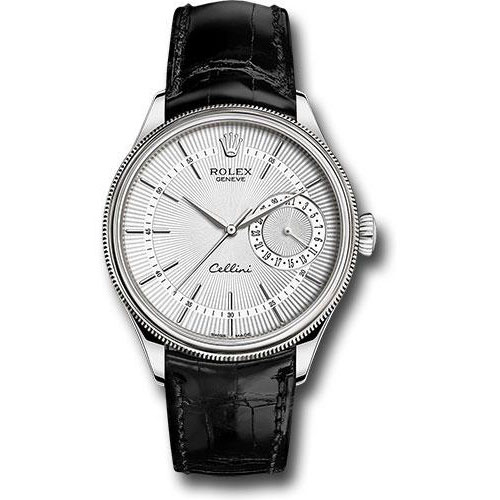 Rolex Cellini Date Watch - White Gold - Silver Dial - Black Leather Strap - 50519 sbk