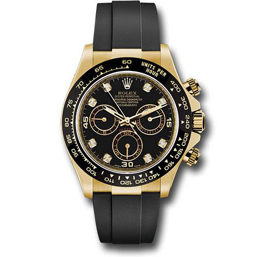 Rolex Yellow Gold Cosmograph Daytona 40 Watch - Black Diamond Dial - Black Oysterflex Strap - 116518LN bkdof