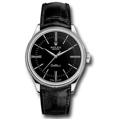 Rolex Cellini Time Watch - White Gold - Black Dial - Black Leather Strap - 50509 bkbk