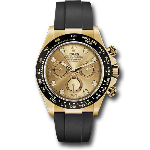 Rolex Yellow Gold Cosmograph Daytona 40 Watch - Champagne Diamond Dial - Black Oysterflex Strap - 116518LN chdof