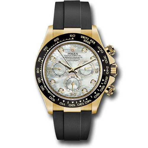 Rolex Yellow Gold Cosmograph Daytona 40 Watch - White Mother-Of-Pearl Diamond Dial - Black Oysterflex Strap - 116518LN mdof