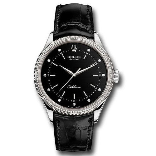 Rolex Cellini Time Watch - White Gold - Black Dial - Black Leather Strap - 50609RBR bkdbk