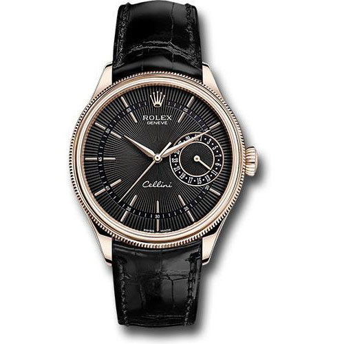 Rolex Cellini Date Watch - Everose Gold - Black Dial - Black Leather Strap - 50515 bkbk