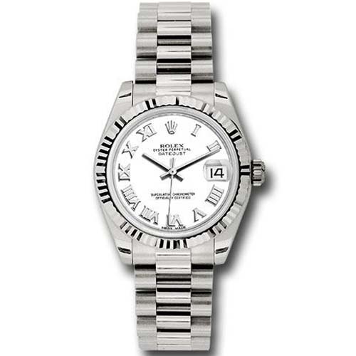Rolex White Gold Datejust 31 Watch - Fluted Bezel - White Roman Dial - President Bracelet - 178279 wrp