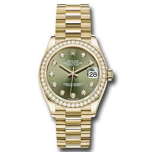 Rolex Yellow Gold Datejust 31 Watch - Diamond Bezel - Olive Green Diamond Dial - President Bracelet - 278288RBR ogdp