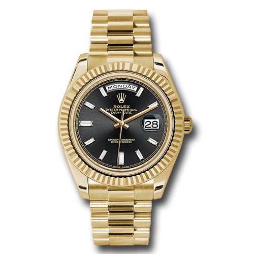 Rolex Yellow Gold Day-Date 40 Watch - Fluted Bezel - Black Baguette Diamond Dial - President Bracelet - 228238 bkbdp