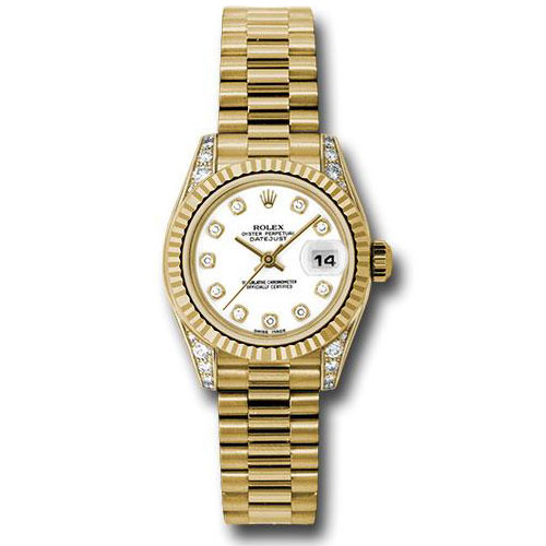 Rolex Yellow Gold Lady-Datejust 26 Watch - Fluted Bezel - White Diamond Dial - President Bracelet - 179238 wdp