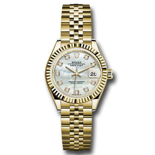Rolex Yellow Gold Lady-Datejust 28 Watch - Fluted Bezel - Mother-of-Pearl Diamond Dial - Jubilee Bracelet - 279178 mdj