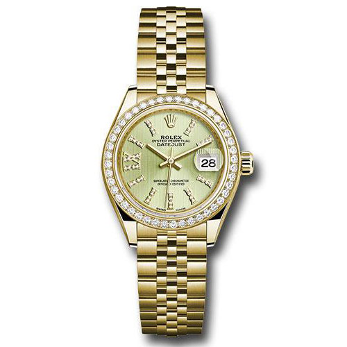 Rolex Yellow Gold Lady-Datejust 28 Watch - 44 Diamond Bezel - Linden Green Strip Diamond Index Dial - Jubilee Bracelet - 279138RBR lings36dix8dj