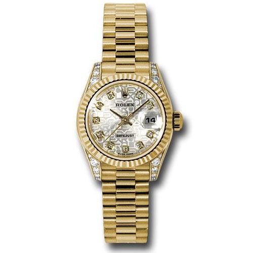 Rolex Yellow Gold Lady-Datejust 26 Watch - Fluted Bezel - Silver Jubilee Diamond Dial - President Bracelet - 179238 sjdp