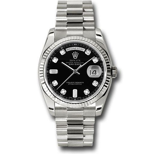 Rolex White Gold Day-Date 36 Watch - Fluted Bezel - Black Diamond Dial - President Bracelet - 118239 bkdp