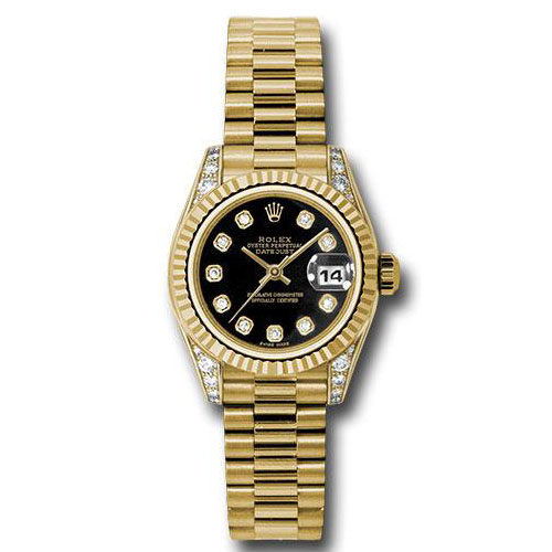 Rolex Yellow Gold Lady-Datejust 26 Watch - Fluted Bezel - Black Diamond Dial - President Bracelet - 179238 bkdp