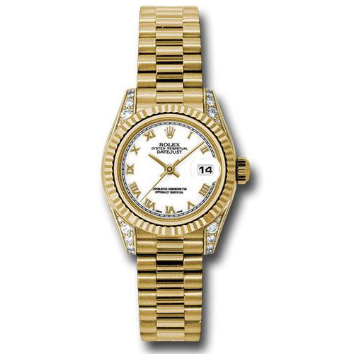 Rolex Yellow Gold Lady-Datejust 26 Watch - Fluted Bezel - White Roman Dial - President Bracelet - 179238 wrp