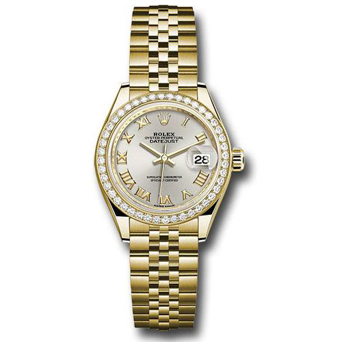 Rolex Yellow Gold Lady-Datejust 28 Watch - 44 Diamond Bezel - Silver Roman Dial - Jubilee Bracelet - 279138RBR srj