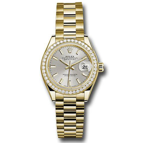 Rolex Yellow Gold Lady-Datejust 28 Watch - 44 Diamond Bezel - Silver Index Dial - President Bracelet - 279138RBR sip