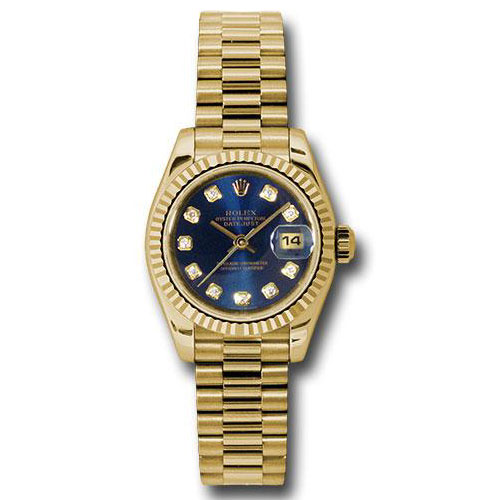 Rolex Yellow Gold Lady-Datejust 26 Watch - Fluted Bezel - Blue Diamond Dial - President Bracelet - 179178 bldp